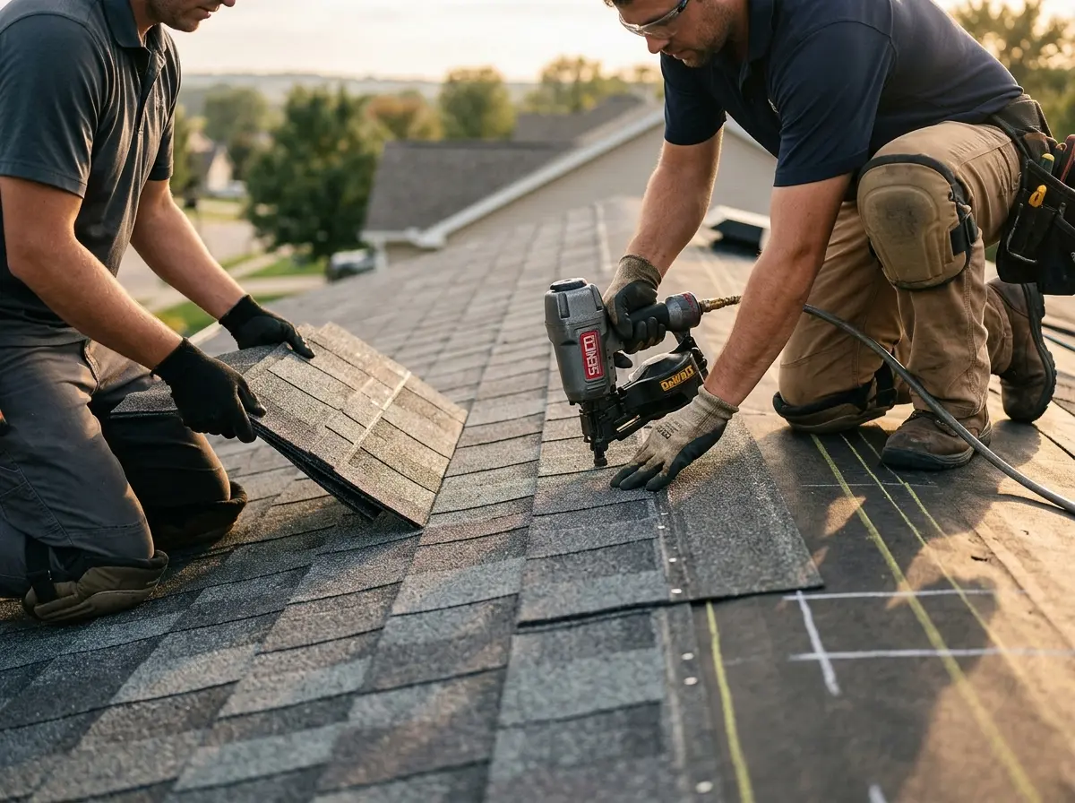 Professional roofer working on a residential roof in Mesquite